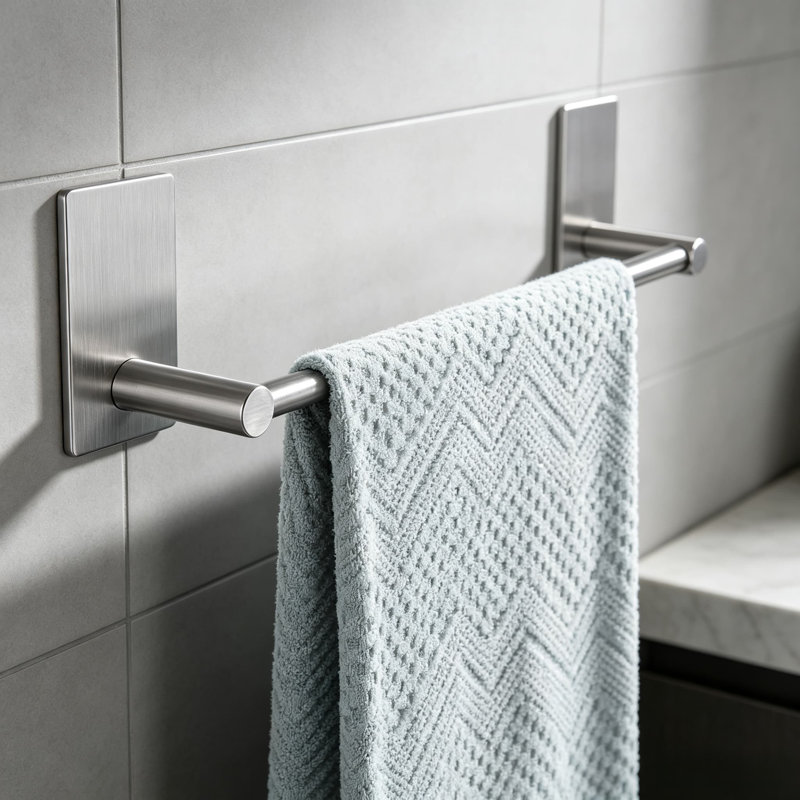 No Drill Adhesive Towel Bar - Strong Stick On Towel Rack for Bathroom, Kitchen, Living Room - Premium Brushed Stainless Steel - Easy Installation, No Tools Needed