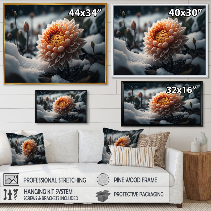 Une fleur de dahlia orange en fleurs III - Impression sur toile, H 12 po x l 20 po x P 1 po, Toile avec cadre flottant or