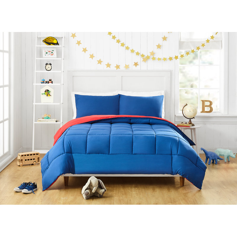 Peyton Solid Blue/Red Reversible Microfiber Comforter, Twin/XL Twin Comforter + 1 Sham