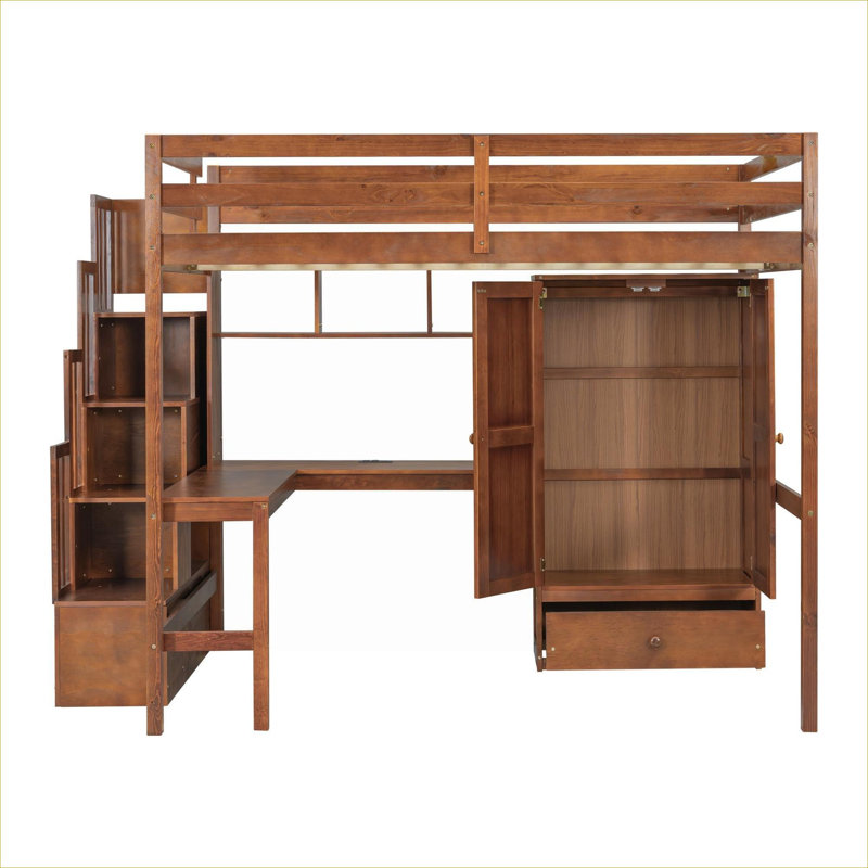 Lit mezzanine multifonctionnel en pin massif brun chaud avec bureau intégré, bibliothèques, garde-robe et escalier de rangement