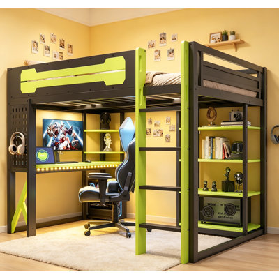 Lit mezzanine en bois pleine grandeur avec bureau, tablettes, prises de courant, ports USB / Type-C et lumière RVB, noir et vert