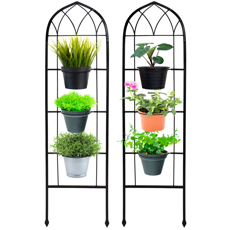 Black Steel Arched Garden Trellis with Flowerpot Supports, Set of 2