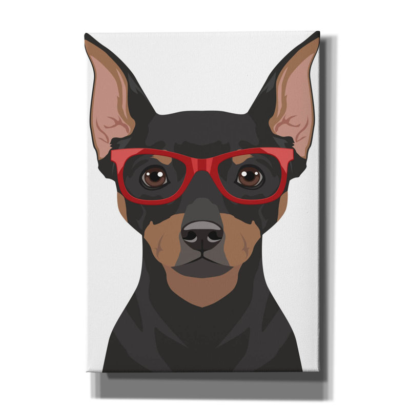 Art mural sur toile miniature Pinscher portant des lunettes de hipster 2 'par Furbaby Affiliates