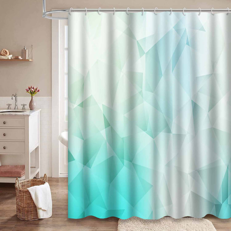 Light Blue Green Triangle Mosaic Teal Shower Curtain with 12 Hooks, 72" L x 84" W