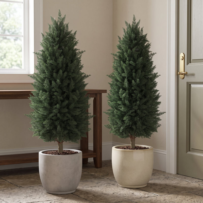 Topiaire de cyprès artificiel avec piquet de sol, ensemble de 2 arbustes artificiels de 43,3 pouces, arbre à feuilles persistantes artificiel pour porche, plantes artificielles pour jardinières d'extérieur
