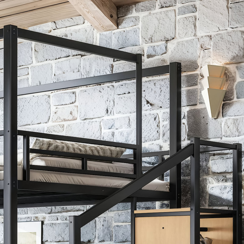 Lit mezzanine double avec escalier de rangement et garde-robe, lit mezzanine avec cadre à baldaquin et amplement d'espace sous le lit, cadre de lit mezzanine peu encombrant pour les petites chambres et les dortoirs, noir.