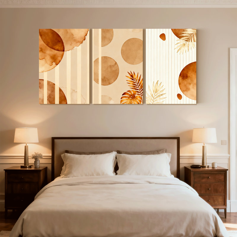 «Contemporary Boho Abstract Circles Stripes Leaves», ensemble de 3 impressions sur toile, H 18 po x l 36 po