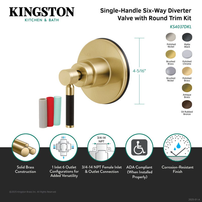 Kingston Brass Kaiser Single-Handle Wall Mount Six-Way Diverter Valve with Trim Kit, Polished Nickel