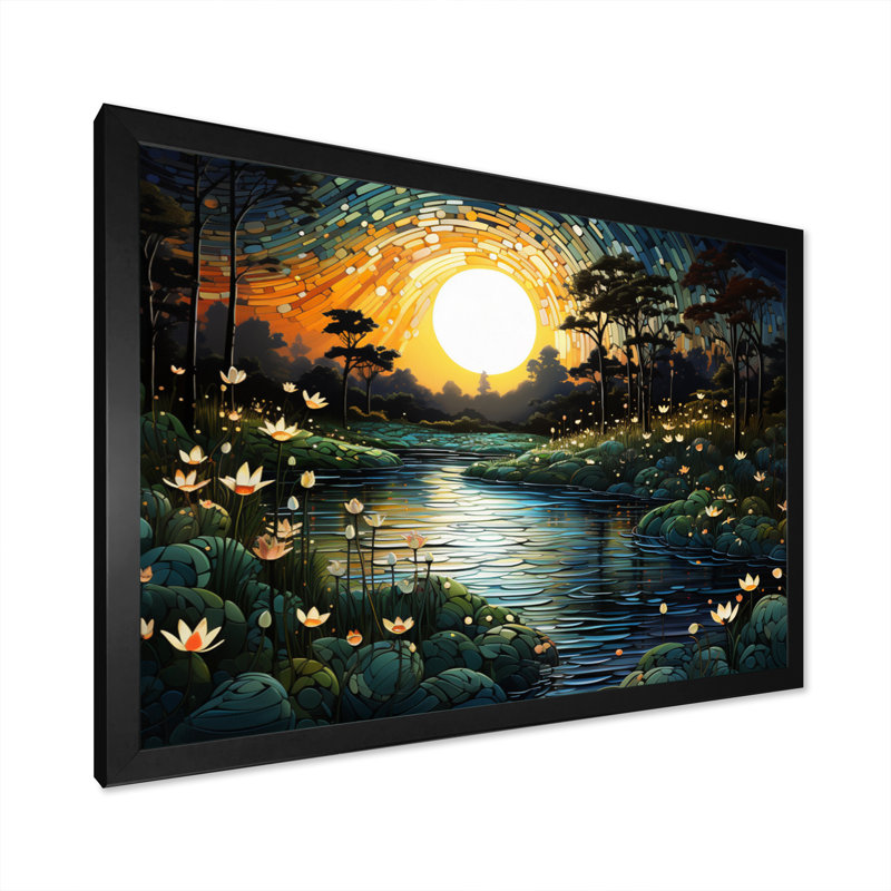 River Pointillism Charm At Night III, reproduction d'art sur toile, H 24 po x l 32 po x P 1 po, Cadre simple noir