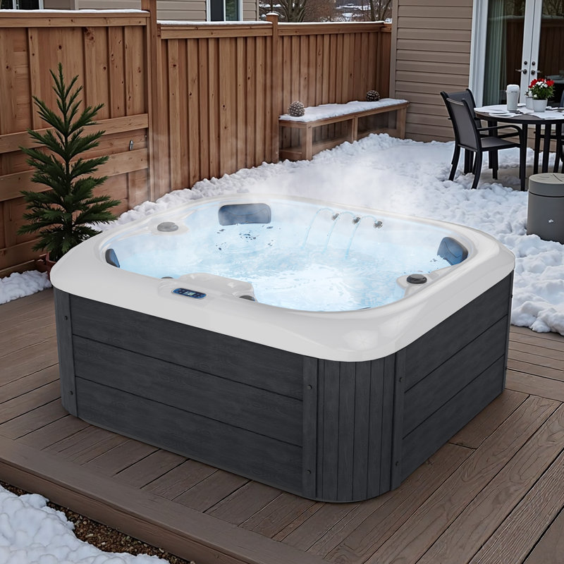 4-Person Plug & Play Acrylic Hot Tub with Ozonator, LED Lighting, Waterfall and Cover in Charcoal Gray, 4 Person