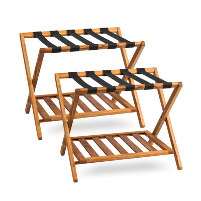 Premium Set of 2 Teak Wood Luggage Rack, 25" Foldable Suitcase Stand with Storage Shelf, Ergonomic Height for Easy Packing, Heavy-Duty Straps, Guest Room, Hotel & Bedroom, 176 Lbs Capacity