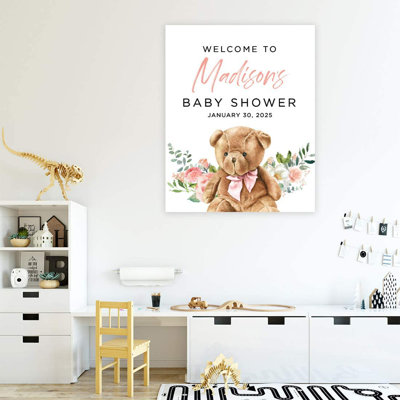 Grand panneau de bienvenue personnalisé pour fête de naissance, ours en peluche rose rosé