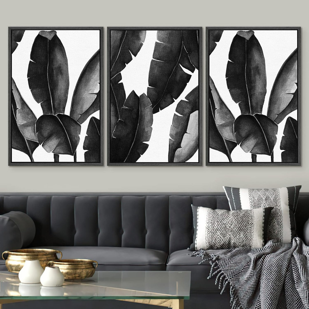 Minimal Botanical "Black And White Tropical Banana Leaf Modern Framed Canvas Print 3 Pieces Wall Art IDEA4WALL 