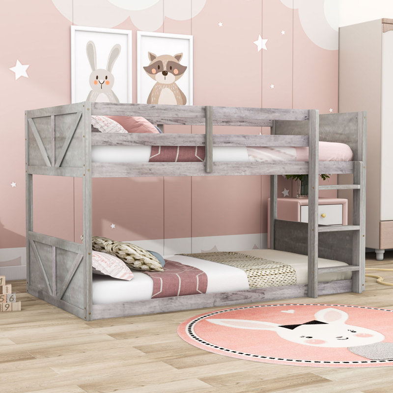Twin Over Twin Rustic Floor Bunk Bed With Ladder And Guardrails, Antique White