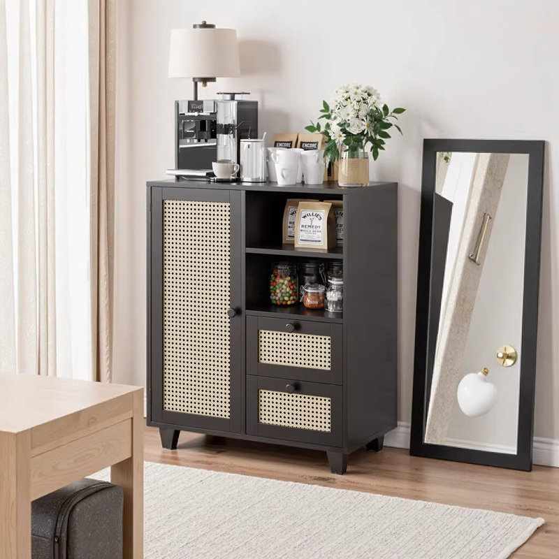 Rattan Buffet Cabinet with Adjustable Shelf & Drawers - 27.5" Sideboard for Living Room, Kitchen, Entryway Storage in Black