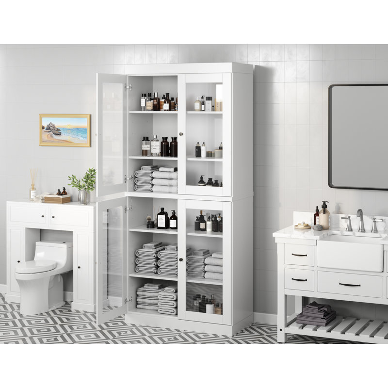 32" 100% Solid Wood Freestanding Bathroom Cabinet with Clear Glass Doors & Adjustable Shelves – Modern Bathroom Storage