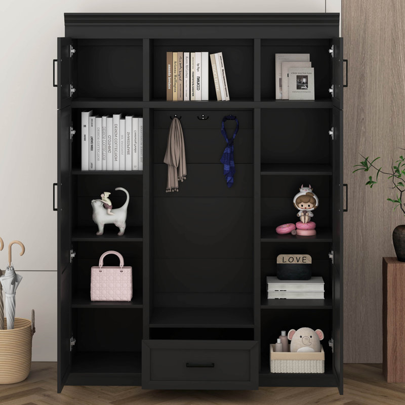Arbre d'entrée 85,5 po avec banc, armoire de rangement pour hall d'entrée avec 3 crochets, portemanteau avec 4 portes, 1 tiroir et tablettes réglables