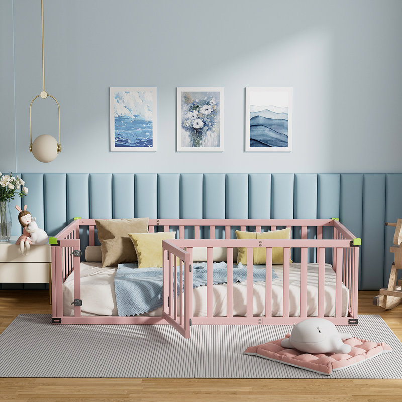 Kalandria Floor Bed Wooden Frame, W/door And Safety Fence, Toddler Floor-bed-frame For Children Bedroom, Toddlers, Kids Playroom