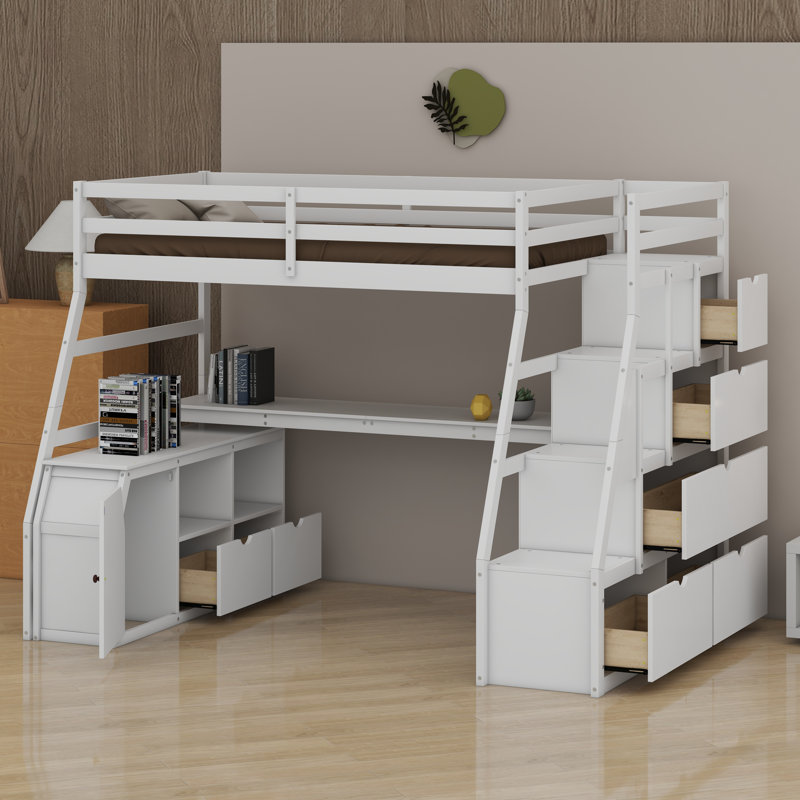 Lit mezzanine avec tiroirs, tablettes et bureau, Blanc