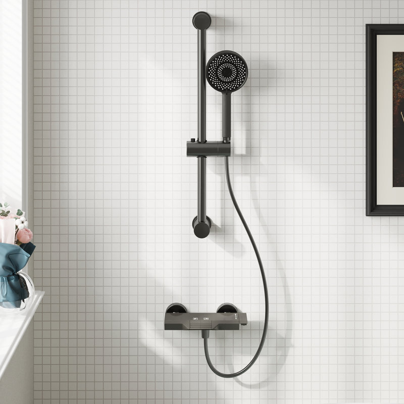 Système de robinet de douche avec support réglable en hauteur, douche à main et bec de baignoire en cascade