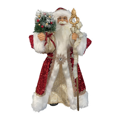 Figurine de père Noël debout rouge et or 24 po avec sceptre de Season - Designs de Noël pour manteau de cheminée et dessus de table