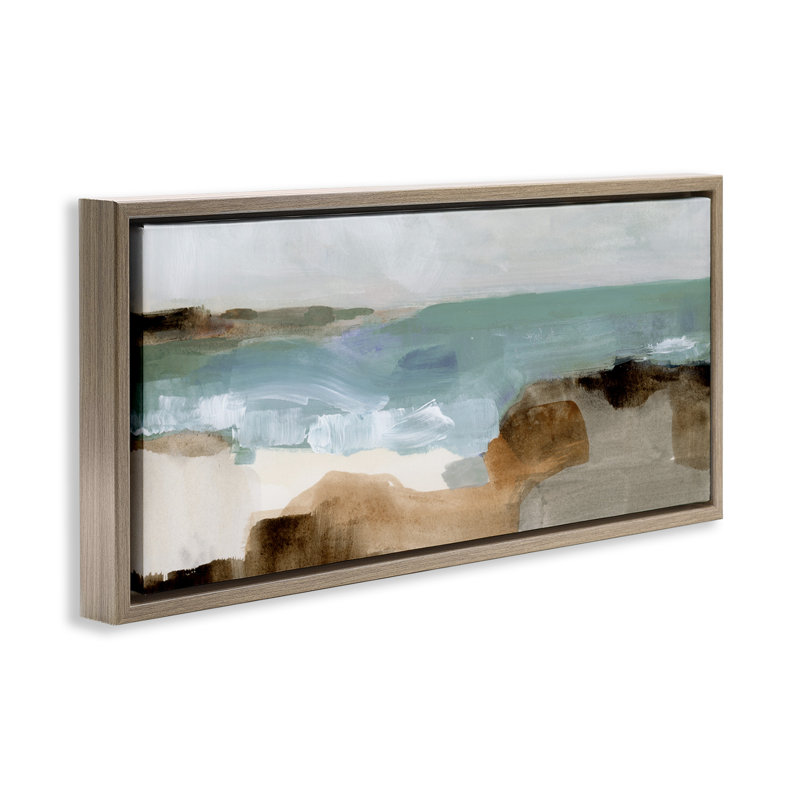 Toile abstraite encadrée, "Ocean Wave Landscape" par Victoria Barnes, Cadre flottant orme Montalcino, H 14 po x l 31 po