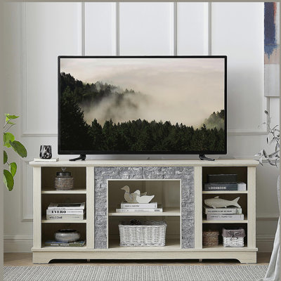 Meuble télé avec foyer et clôture en pierre empilée, centre de divertissement moderne, espace de rangement ouvert, blanc, l 58,31 po x P 15,39 po x H 26,06 po