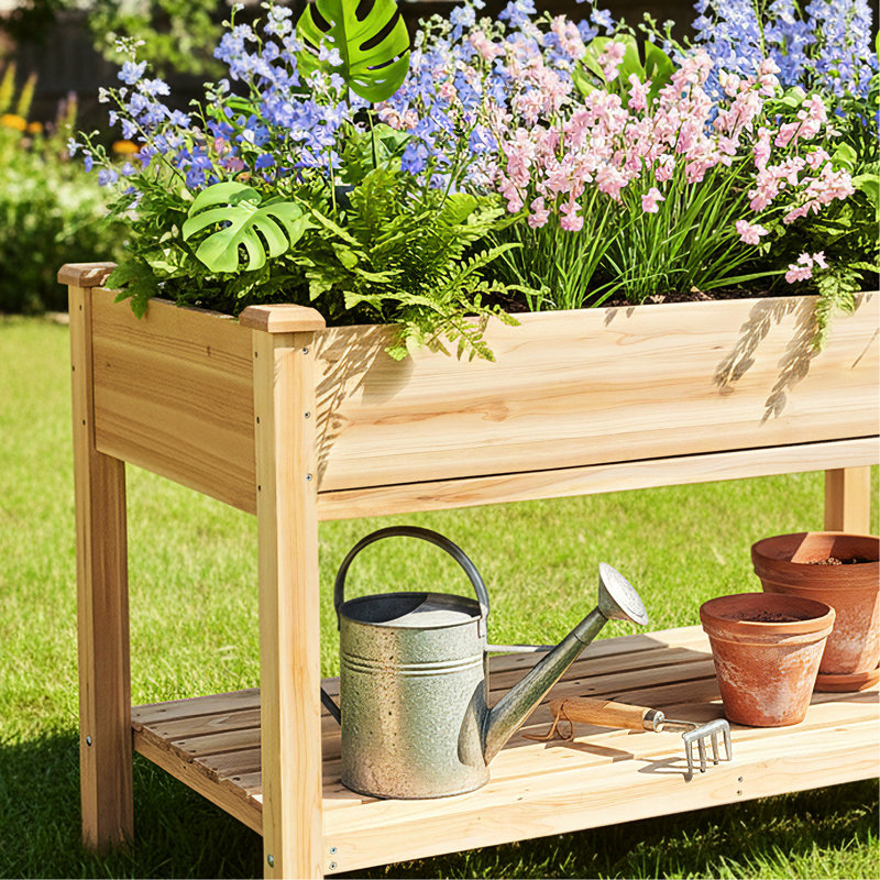 Pot à fleurs surélevé avec plateau coulissant et drainage, adapté à la culture des herbes dans les jardins