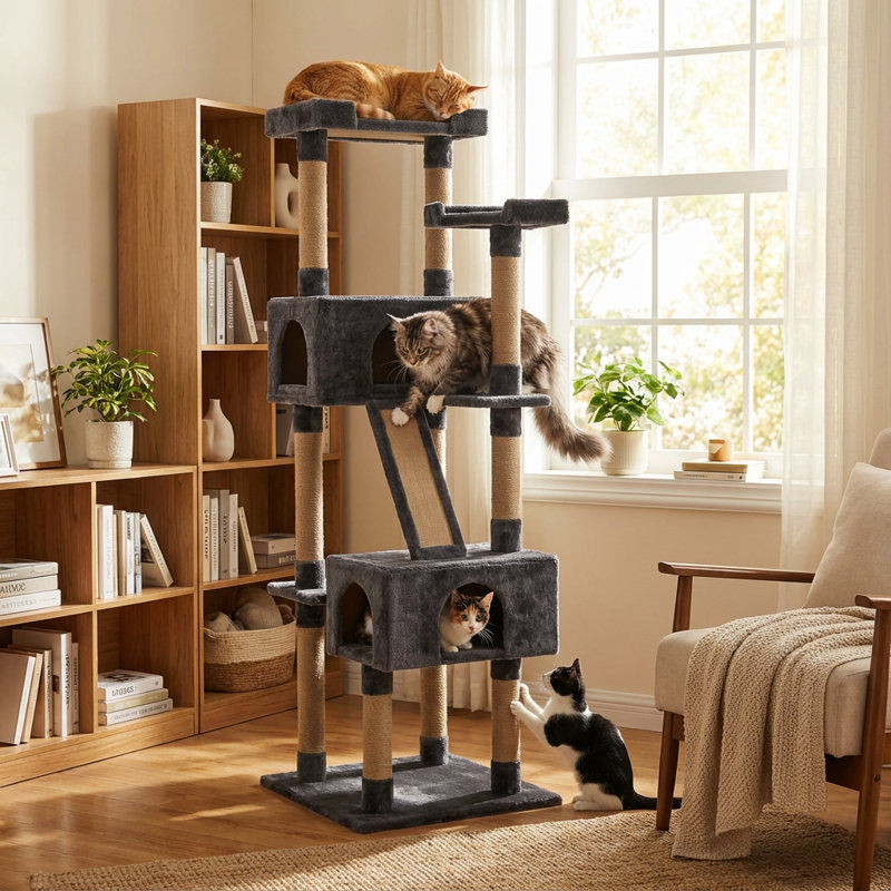 Grand arbre à chat multi-niveaux gris, hauteur de 70 pouces avec poteaux à griffes recouverts de sisal, condo double, plateforme allongée pour que les chats puissent jouer et dormir, perchoirs rectangulaires