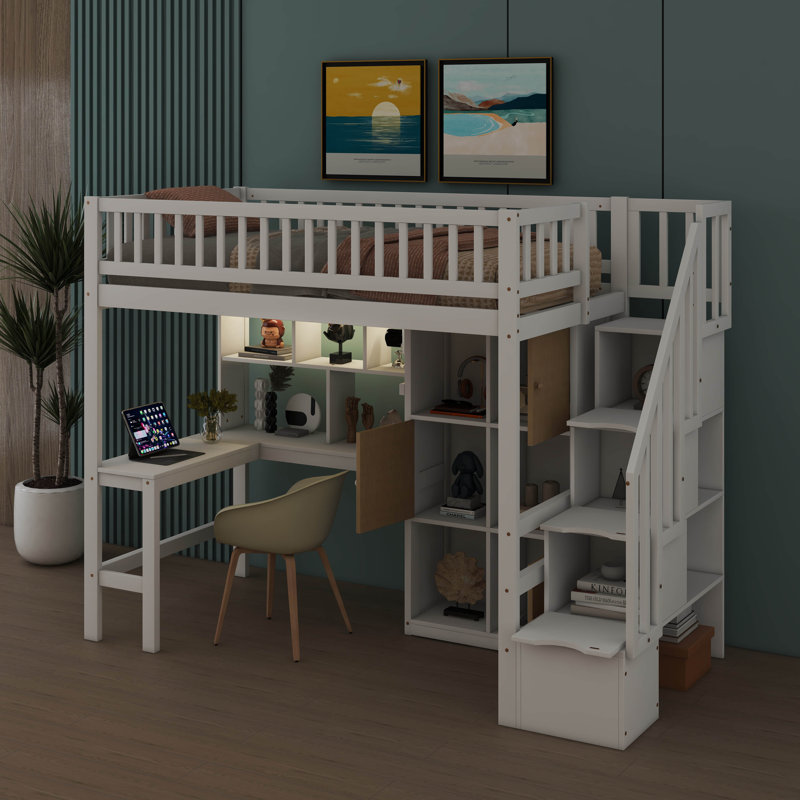 Lit surélevé simple en bois intégré avec bureau, éclairage à DEL, tablettes de rangement, armoires et escalier
