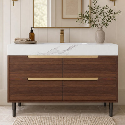 Meuble-lavabo moderne 35,4 po avec lavabo et plateau en pierre frittée, bois multi-couches imperméable, rangement de tiroirs, autoportant et mural