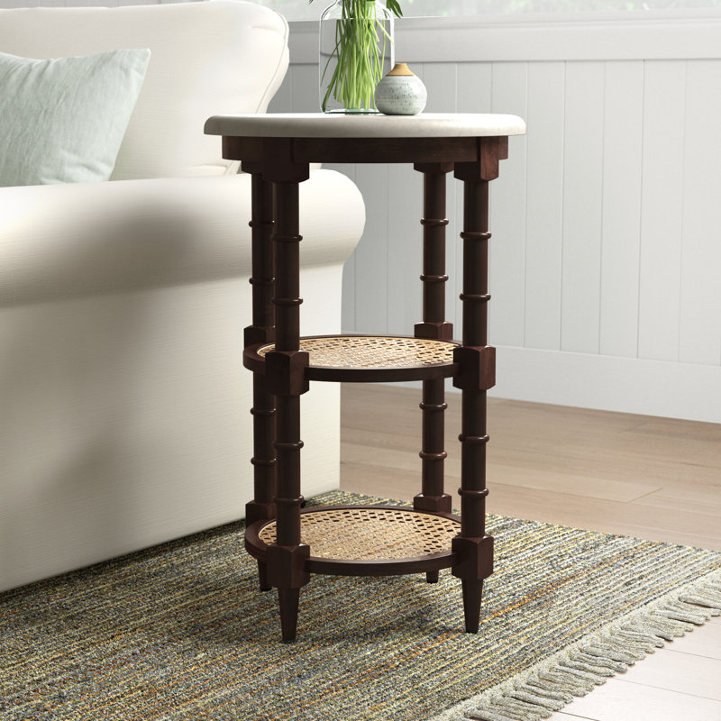 Nilla Round Solid Wood End Table with Genuine Marble Top, Brown