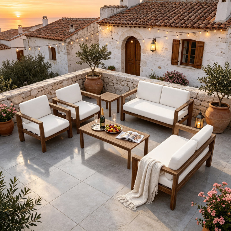 Ensemble de patio extérieur en bois massif pour six personnes avec coussins et deux tables, Beige