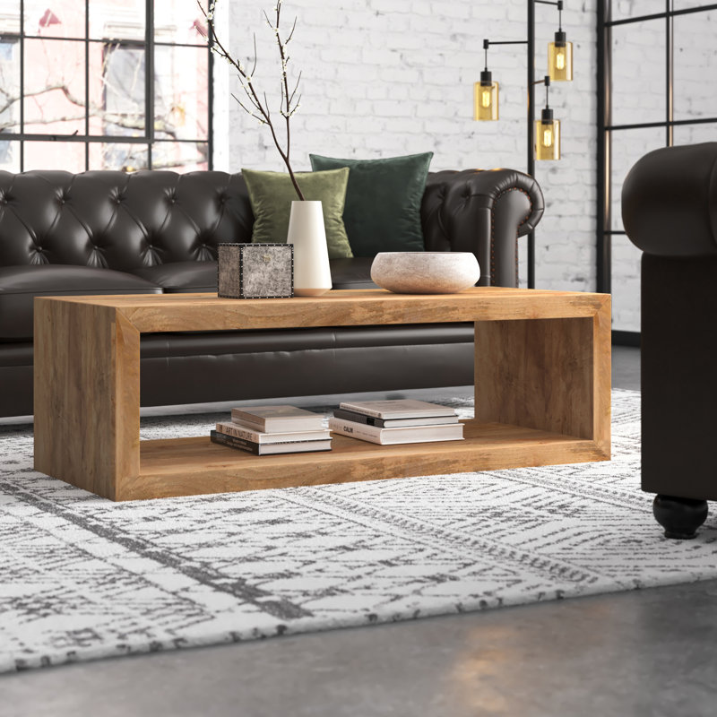 Keli Walpole 58 Inch Cube Shaped Wooden Coffee Table with Open Bottom Shelf, Natural Brown