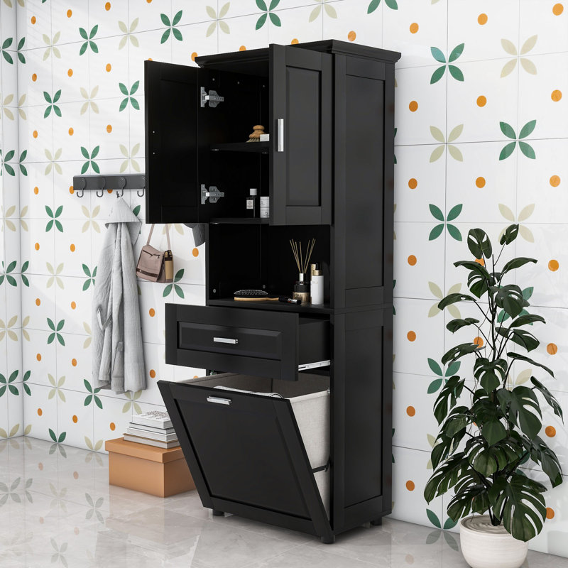 Armoire de salle de bain haute avec panier à linge inclinable et armoire de rangement, Noir, noir, noir, noir