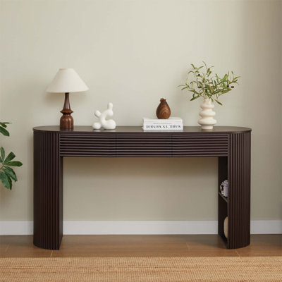 Console Mid-Century rétro en panneau de fibres à densité moyenne avec 3 tiroirs, pieds de table et lattes rondes pour le hall d'entrée et le salon