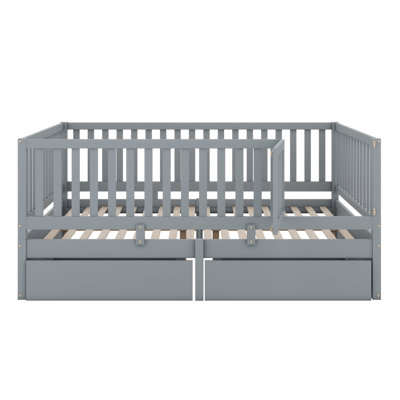 Wood Daybed With Fence Guardrails,Drawers And Split Into Independent Floor Bed