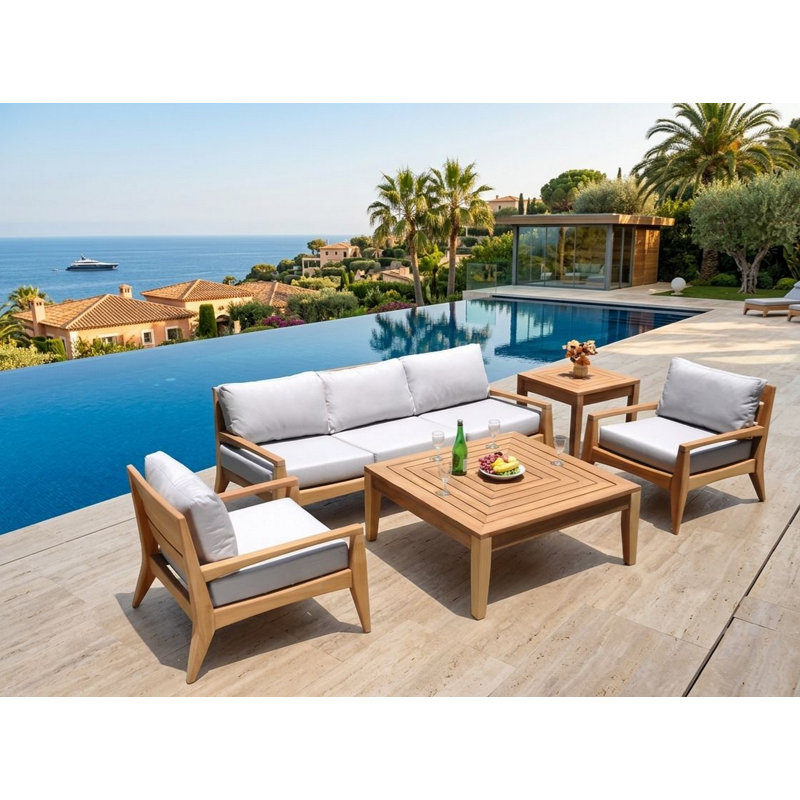 Noida Outdoor - Piece Teak Conversation Set, 5 Pcs: Table, 2 Armchairs, Sofa, Side Table
