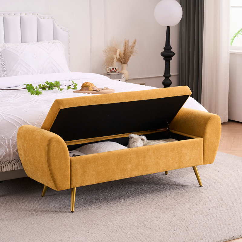 Shaneta 57"W Upholstered Storage Bench with Arms, Yellow