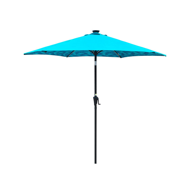 Parasol de patio à énergie solaire 9 pi, auvent rond avec motif + cyan, 6 nervures en acier, système de manivelle facile, inclinaison à 45 degrés, intempéries, pour parasol ombragé avec lumières à DEL, mât, bouton-poussoir