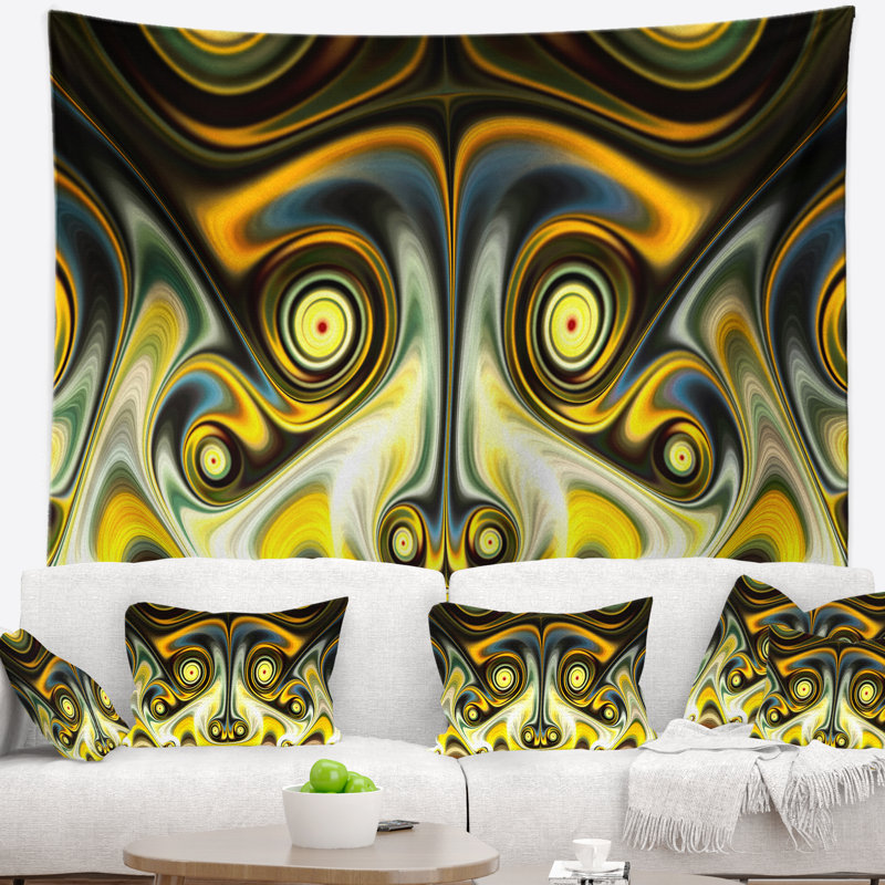 Tapisserie abstraite à motif fractal unique jaune clair, H 32 po x l 39 po