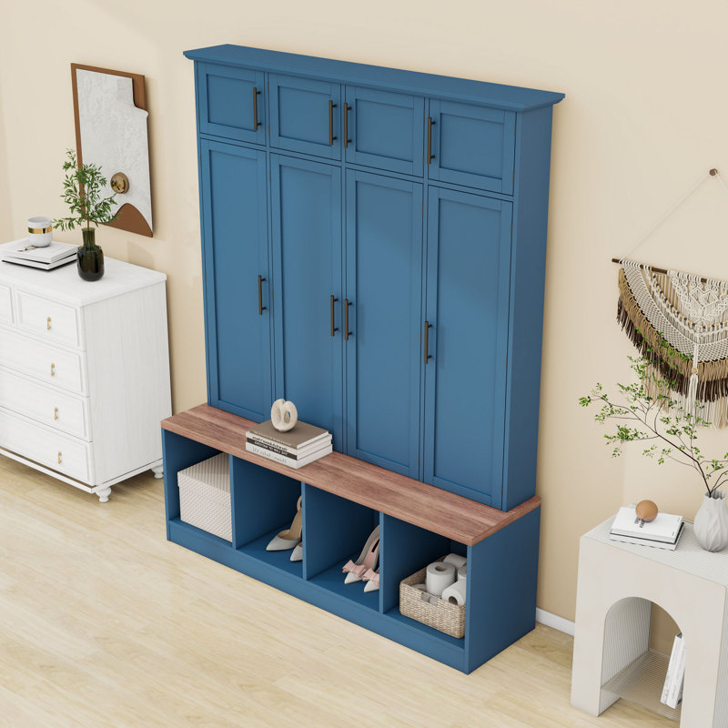 Arbre d'entrée moderne en bois avec banc, crochets de suspension et armoires de rangement pour l'organisation du vestibule
