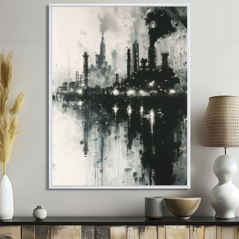 Gris Petrochemical Petrochemical Panorama, Toile encadrée flottée blanche, H 34 po x l 44 po x P 1,5 po