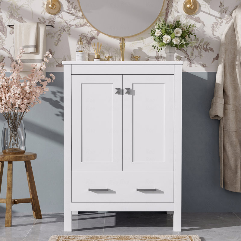 Meuble-lavabo de salle de bain avec lavabo encastré intégré et armoire de rangement avec 2 portes et 1 tiroir. Comprend une tablette de porte à double couche, conception à fermeture en douceur