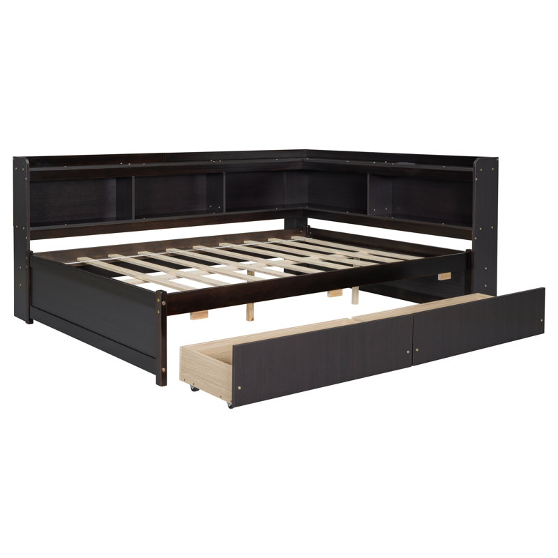 Lit double bibliothèque en forme de L avec prises de courant, ports USB et Type-C, 2 tiroirs de rangement, conception peu encombrante, espresso