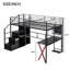 Lit mezzanine double en métal avec poste de travail intégré, garde-robe, escalier de rangement et DEL, noir (heure d’arrivée prévue: 8,18)-2036673352