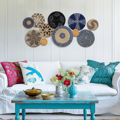 11 pièces Boho, décoration murale panier tissé, bleu jonc rond rustique fait à la main en osier, pour maison d'été, chambre à coucher, salon, décorations de cuisine, tailles multiples