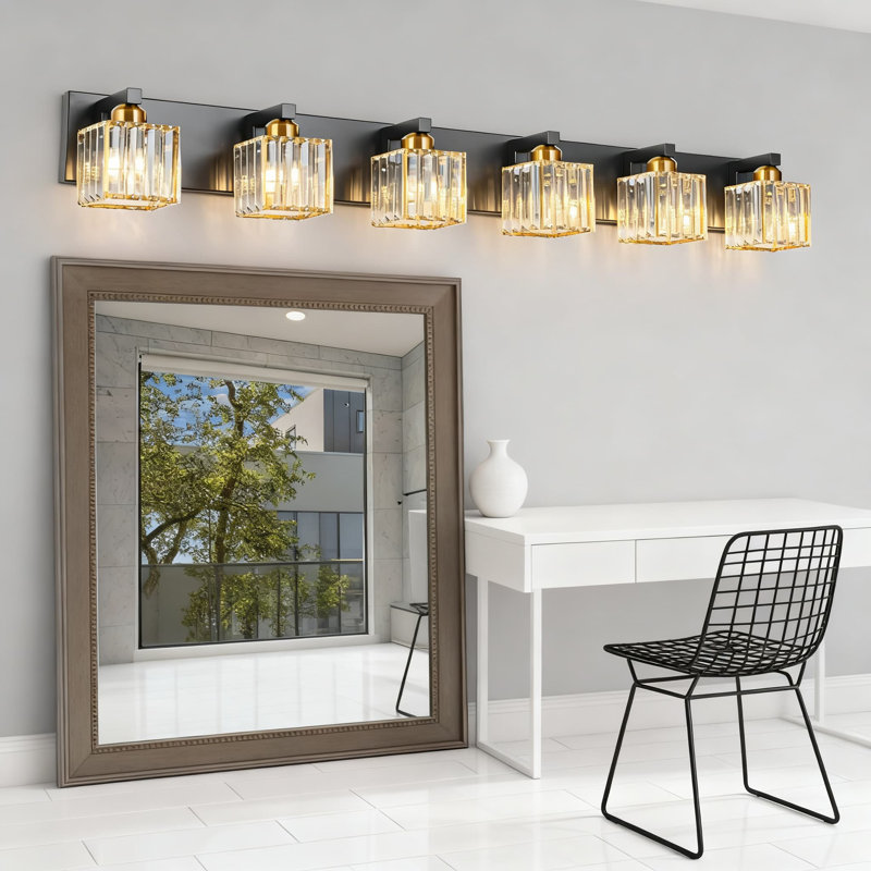 Crystal Vanity Light Fixture, Modern Bathroom Lighting With Square Shades For Over Mirror Wall Mount, Dimmable E26 Socket