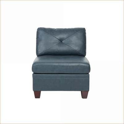 Contemporary Tufted Genuine Leather Armless Accent Chair, Navy Blue Living Room Seating for Adults