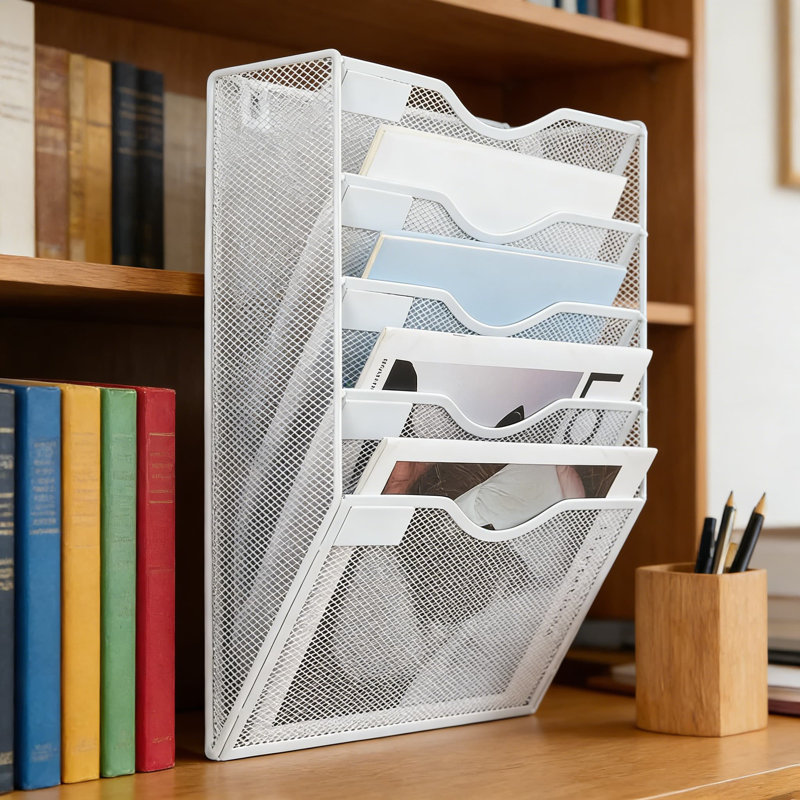 Organisateur de dossiers mural en maille avec 5 poches, comprenant des fournitures de bureau pour le rangement de documents, de courrier, de classeur et de magazines